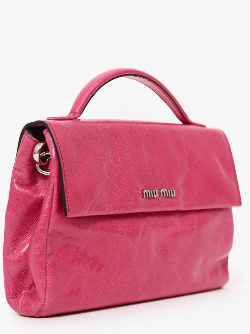 Miu Miu Leather Mini Top Handle With Strap. Front fold-over flap